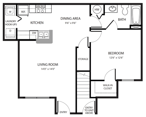 Floor plan for 1 bed, 1 bath, 759 sqft